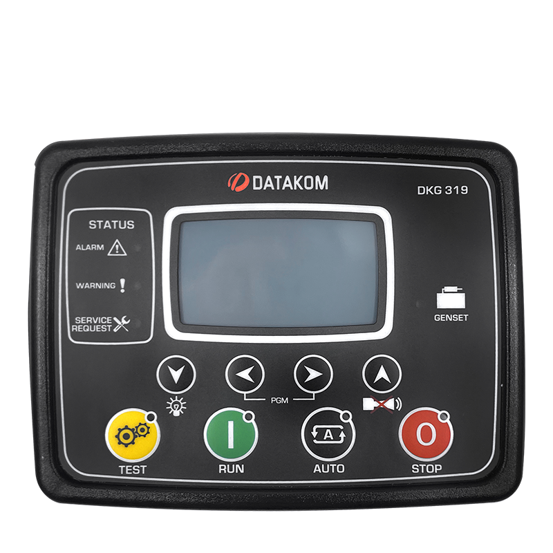Datakom control panel with digital display and buttons on a white background